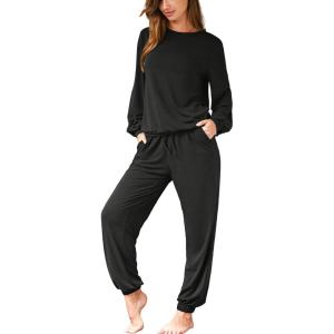 imageCUPSHE Womens 2 Piece Outfits Lounge Sets Long Sleeve Tops Drawstring Jogger Pants Spring Travel Pants SetsBlack