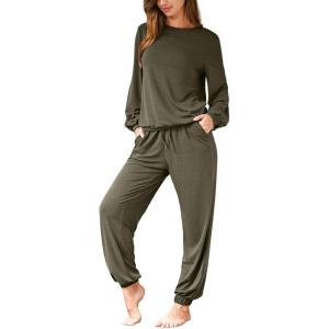 imageCUPSHE Womens 2 Piece Outfits Lounge Sets Long Sleeve Tops Drawstring Jogger Pants Spring Travel Pants SetsGreen