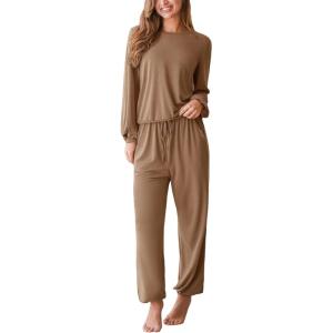 imageCUPSHE Womens 2 Piece Outfits Lounge Sets Long Sleeve Tops Drawstring Jogger Pants Spring Travel Pants SetsKhaki