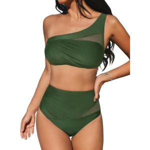 imageCUPSHE Womens Bikini Sets One Shoulder Two Piece Swimsuit High Waisted Asymmetrical Neck Ruched Cutout MeshMoss Green