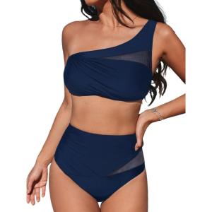 imageCUPSHE Womens Bikini Sets One Shoulder Two Piece Swimsuit High Waisted Asymmetrical Neck Ruched Cutout MeshNavy Blue