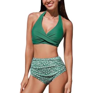 imageCUPSHE Womens Bikini Sets Two Piece Bathing Suit High Waisted V Neck Halter Front Twist Back Hook TexturedForest GreenDitsy