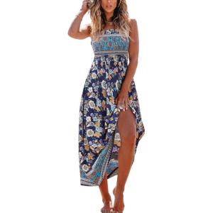 imageCUPSHE Womens Maxi Dress Ditsy Floral Smocked Summer Sundress Sleeveless Ruffled Spaghetti Straps Long Beach Formal DressNavy Pattern