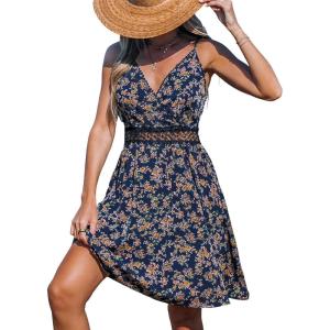 imageCUPSHE Womens Mini Dress V Neck Tropical Floral Beach Sleeveless Adjustable Straps Casual A Line Summer Vacation DressesNavy Ditsy