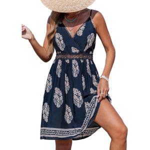 imageCUPSHE Womens Mini Dress V Neck Tropical Floral Beach Sleeveless Adjustable Straps Casual A Line Summer Vacation DressesNavy Paisley