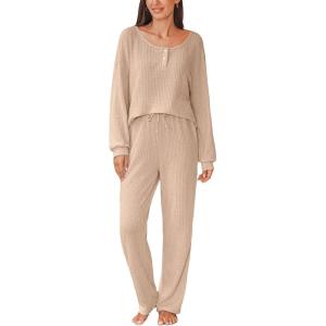imageCUPSHE Womens Ribbed Knit Pajama Sets Long Sleeve Loungewear 2 Piece Soft and Comfy Lounge PJs SetsB2beige2