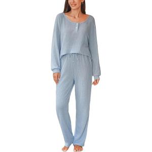 imageCUPSHE Womens Ribbed Knit Pajama Sets Long Sleeve Loungewear 2 Piece Soft and Comfy Lounge PJs SetsB2blue2