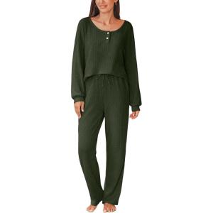 imageCUPSHE Womens Ribbed Knit Pajama Sets Long Sleeve Loungewear 2 Piece Soft and Comfy Lounge PJs SetsB2green2