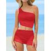 imageCUPSHE Womens Bikini Sets Two Piece Bathing Suit One Shoulder Ruched Mesh Mid Rise Skirt Bottom AsymmetricalRed