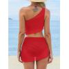 imageCUPSHE Womens Bikini Sets Two Piece Bathing Suit One Shoulder Ruched Mesh Mid Rise Skirt Bottom AsymmetricalRed