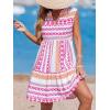 imageCUPSHE Womens Ruffle Beach Mini Dress Split V Neck A Line Sleeveless Geometric Stripe Tropical Leaf Pattern Summer DressesPink Geometric