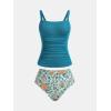imageCUPSHE Womens Tankini Sets Two Piece Bathing Suits Tummy Control Square Neck Adjustable Straps Ruched RibbedTealGreen Floral