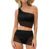 imageCUPSHE Womens Bikini Sets Two Piece Bathing Suit One Shoulder Ruched Mesh Mid Rise Skirt Bottom AsymmetricalBlack
