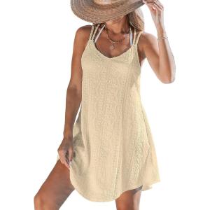 imageCUPSHE Women Bathing Suit Cover Up Spaghetti Straps Swim Beach Dresses Hollow Out Swimsuit Coverup 2025Khaki