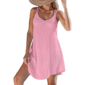 imageCUPSHE Women Bathing Suit Cover Up Spaghetti Straps Swim Beach Dresses Hollow Out Swimsuit Coverup 2025Pink