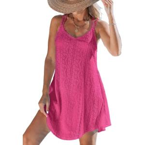 imageCUPSHE Women Bathing Suit Cover Up Spaghetti Straps Swim Beach Dresses Hollow Out Swimsuit Coverup 2025Rose Pink