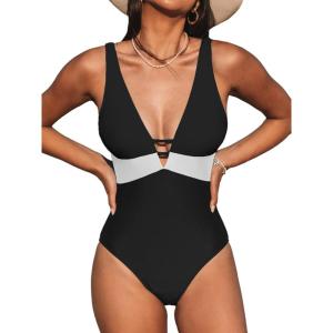 imageCUPSHE Women One Piece Swimsuit Bathing Suit Cutout V Neck Adjustable Straps Color Block O RingBlackWhite