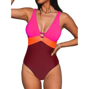 imageCUPSHE Women One Piece Swimsuit Bathing Suit Cutout V Neck Adjustable Straps Color Block O RingMagentaRed