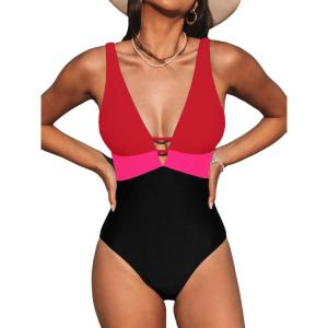 imageCUPSHE Women One Piece Swimsuit Bathing Suit Cutout V Neck Adjustable Straps Color Block O RingRedPinkBlack