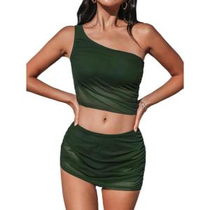 imageCUPSHE Womens Bikini Sets Two Piece Bathing Suit One Shoulder Ruched Mesh Mid Rise Skirt Bottom AsymmetricalGreen