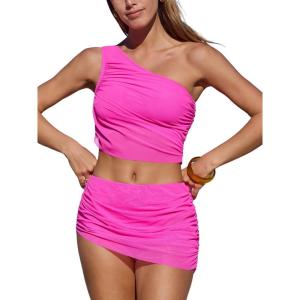 imageCUPSHE Womens Bikini Sets Two Piece Bathing Suit One Shoulder Ruched Mesh Mid Rise Skirt Bottom AsymmetricalNeon Pink