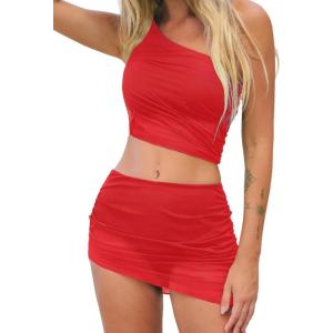 imageCUPSHE Womens Bikini Sets Two Piece Bathing Suit One Shoulder Ruched Mesh Mid Rise Skirt Bottom AsymmetricalRed