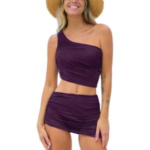imageCUPSHE Womens Bikini Sets Two Piece Bathing Suit One Shoulder Ruched Mesh Mid Rise Skirt Bottom AsymmetricalWine Berry