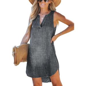 imageCUPSHE Womens Denim Mini Dress Jean Dresses V Neck Sleeveless Casual Summer Outfits 2025 TrendyDark Grey