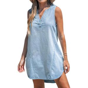 imageCUPSHE Womens Denim Mini Dress Jean Dresses V Neck Sleeveless Casual Summer Outfits 2025 TrendyLight Blue