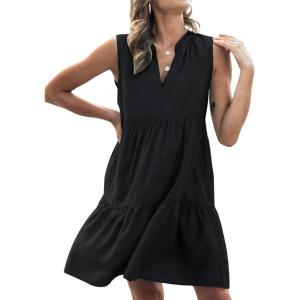 imageCUPSHE Womens Ruffle Beach Mini Dress Split V Neck A Line Sleeveless Geometric Stripe Tropical Leaf Pattern Summer DressesBlack