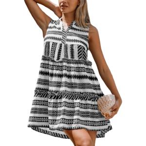 imageCUPSHE Womens Ruffle Beach Mini Dress Split V Neck A Line Sleeveless Geometric Stripe Tropical Leaf Pattern Summer DressesBlack Ruffled