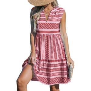 imageCUPSHE Womens Ruffle Beach Mini Dress Split V Neck A Line Sleeveless Geometric Stripe Tropical Leaf Pattern Summer DressesDeep Pink Geometric