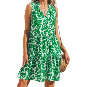 imageCUPSHE Womens Ruffle Beach Mini Dress Split V Neck A Line Sleeveless Geometric Stripe Tropical Leaf Pattern Summer DressesGreen Tropics