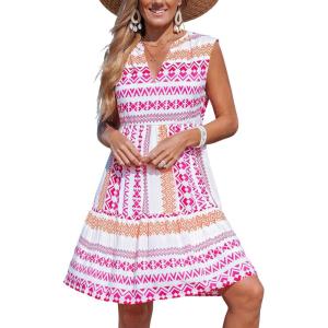 imageCUPSHE Womens Ruffle Beach Mini Dress Split V Neck A Line Sleeveless Geometric Stripe Tropical Leaf Pattern Summer DressesPink Geometric