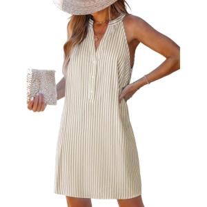 imageCUPSHE Womens Striped Summer Mini Dress A Line Button V Neck Sleeveless Casual DressesBeige