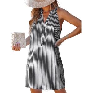 imageCUPSHE Womens Striped Summer Mini Dress A Line Button V Neck Sleeveless Casual DressesBlack