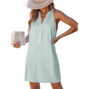 imageCUPSHE Womens Striped Summer Mini Dress A Line Button V Neck Sleeveless Casual DressesGreen