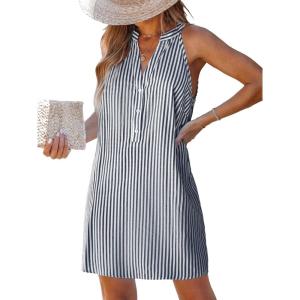 imageCUPSHE Womens Striped Summer Mini Dress A Line Button V Neck Sleeveless Casual DressesNavy