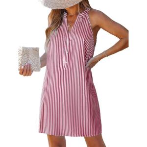 imageCUPSHE Womens Striped Summer Mini Dress A Line Button V Neck Sleeveless Casual DressesRed