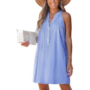imageCUPSHE Womens Striped Summer Mini Dress A Line Button V Neck Sleeveless Casual DressesRoyal Blue