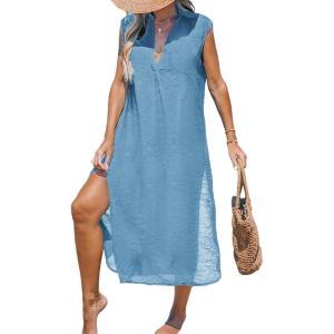 imageCUPSHE Womens Swimsuit Coverup Casual Sleeveless Side Split Long Cardigans V Neck Midi Beach DressGrey Blue
