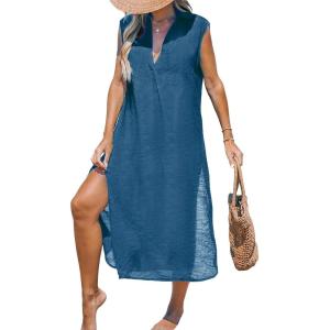 imageCUPSHE Womens Swimsuit Coverup Casual Sleeveless Side Split Long Cardigans V Neck Midi Beach DressSnorkel Blue