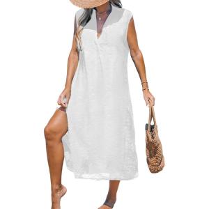 imageCUPSHE Womens Swimsuit Coverup Casual Sleeveless Side Split Long Cardigans V Neck Midi Beach DressWhite