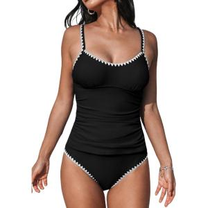 imageCUPSHE Womens Tankini Sets Two Piece Swimsuit Scoop Neck Mid Rise Adjustable Straps Shell Stitched XS4XLBlack