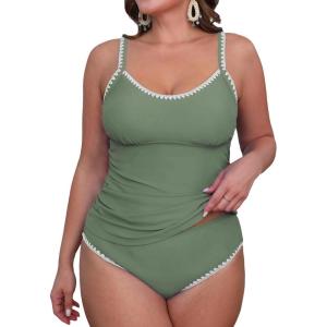 imageCUPSHE Womens Tankini Sets Two Piece Swimsuit Scoop Neck Mid Rise Adjustable Straps Shell Stitched XS4XLPeucalyptus Green