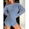 imageCUPSHE Ribbed Knit Long Sleeve and Short Pajama Sets 2 Piece Button Down Long Sleeve PJs for Women Soft LoungewearAblue
