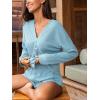 imageCUPSHE Ribbed Knit Long Sleeve and Short Pajama Sets 2 Piece Button Down Long Sleeve PJs for Women Soft LoungewearBlue