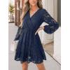 imageCUPSHE Women Elegant V Neck Lace Peasant Sleeve Summer Dress Elastic High Waist A Line Casual Wedding Guest Mini DressBlue