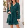 imageCUPSHE Women Elegant V Neck Lace Peasant Sleeve Summer Dress Elastic High Waist A Line Casual Wedding Guest Mini DressHunter Green