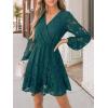 imageCUPSHE Women Elegant V Neck Lace Peasant Sleeve Summer Dress Elastic High Waist A Line Casual Wedding Guest Mini DressHunter Green